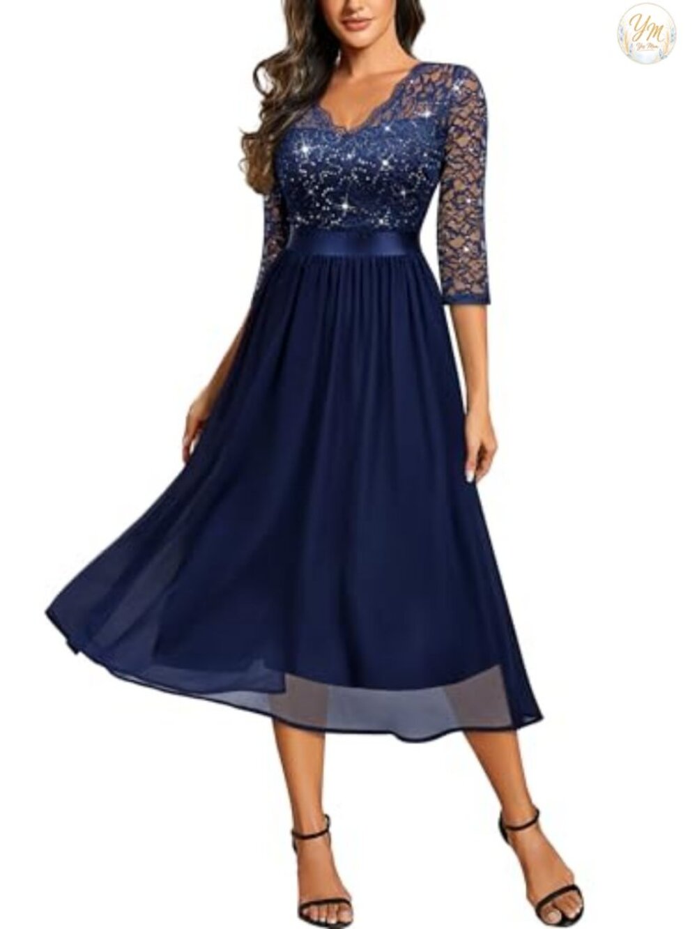 A-Line Sequin Lace V-Neck 3/4 Sleeve Midi Party Dress